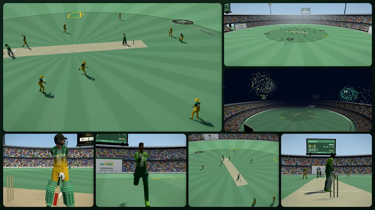Howzat Live 3D cricket game collage: a batter playing a stroke, a fast bowler running in, fireworks over the floodlit stadium, the view from behind the stumps, a Test batter in whites, a fielder and the wicketkeeper