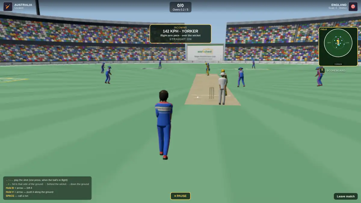 Batting in Howzat Live: a 3D cricket ground in daylight seen from behind the
                  batter, a full field set inside and outside the circle, the score across the top
                  and a card in the middle reading INCOMING 142 KPH YORKER, right-arm pace, over
                  the wicket.