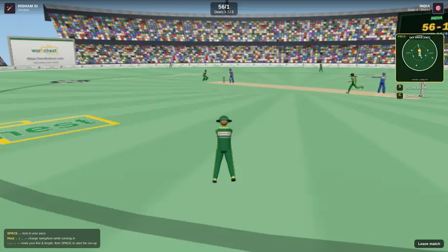 Fielding in Howzat Live: the view from behind a fielder in green Pakistan kit
                    looking in at the pitch, the rest of the side spread around the ground, the
                    shot map and the scoreboard reading 56 for 1.