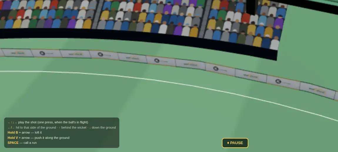Close on the boundary in Howzat Live: a packed tier of spectators above a rope
                  lined with advertising boards, the boundary line curving away across the outfield,
                  and the keyboard shot legend in the corner.