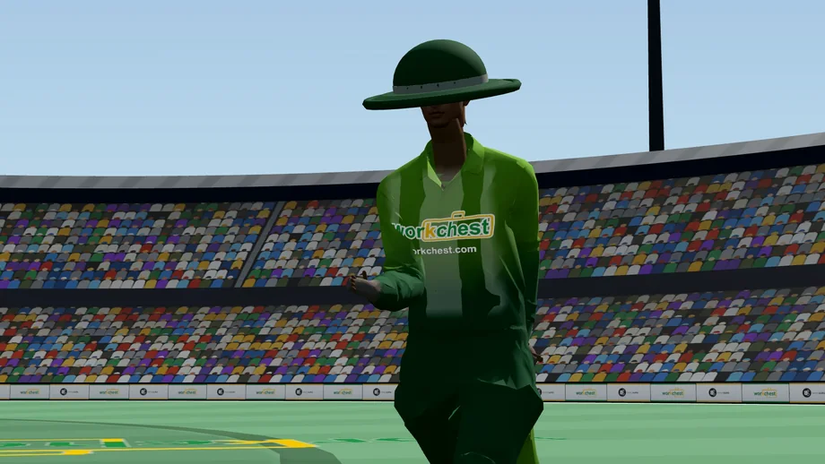 Fielding in Howzat Live: a Pakistan fielder in green chasing the ball across the outfield at full stretch, the stands and the scoreboard behind him.