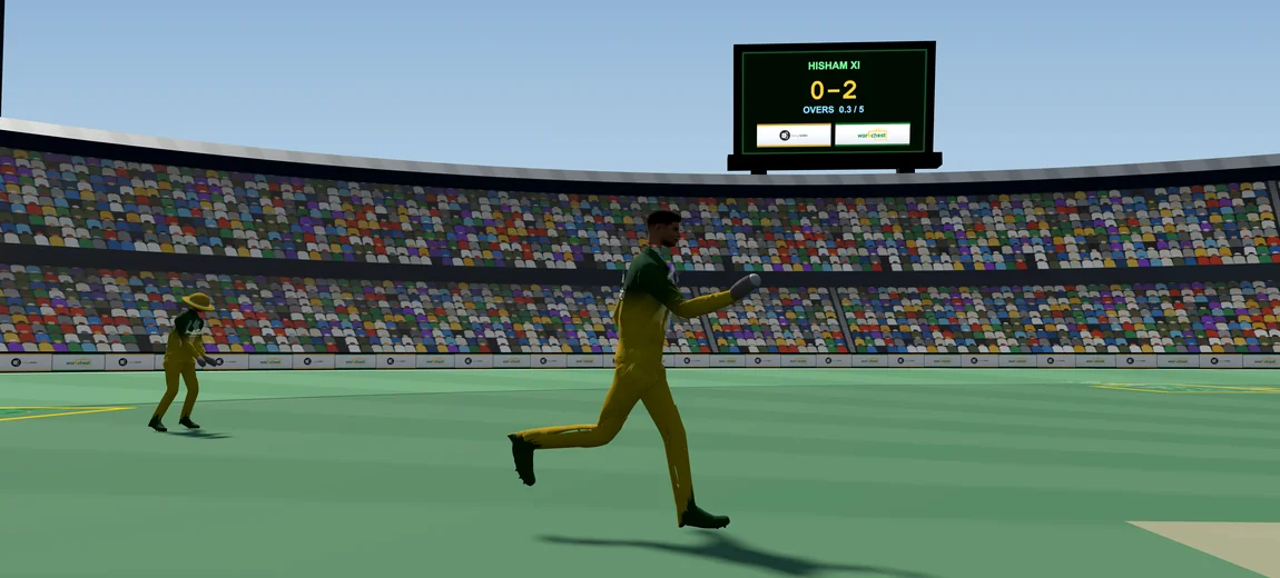 Side-on in Howzat Live: the bowler at full pace in front of a packed tier of spectators, the boundary rope and advertising boards curving away behind him.