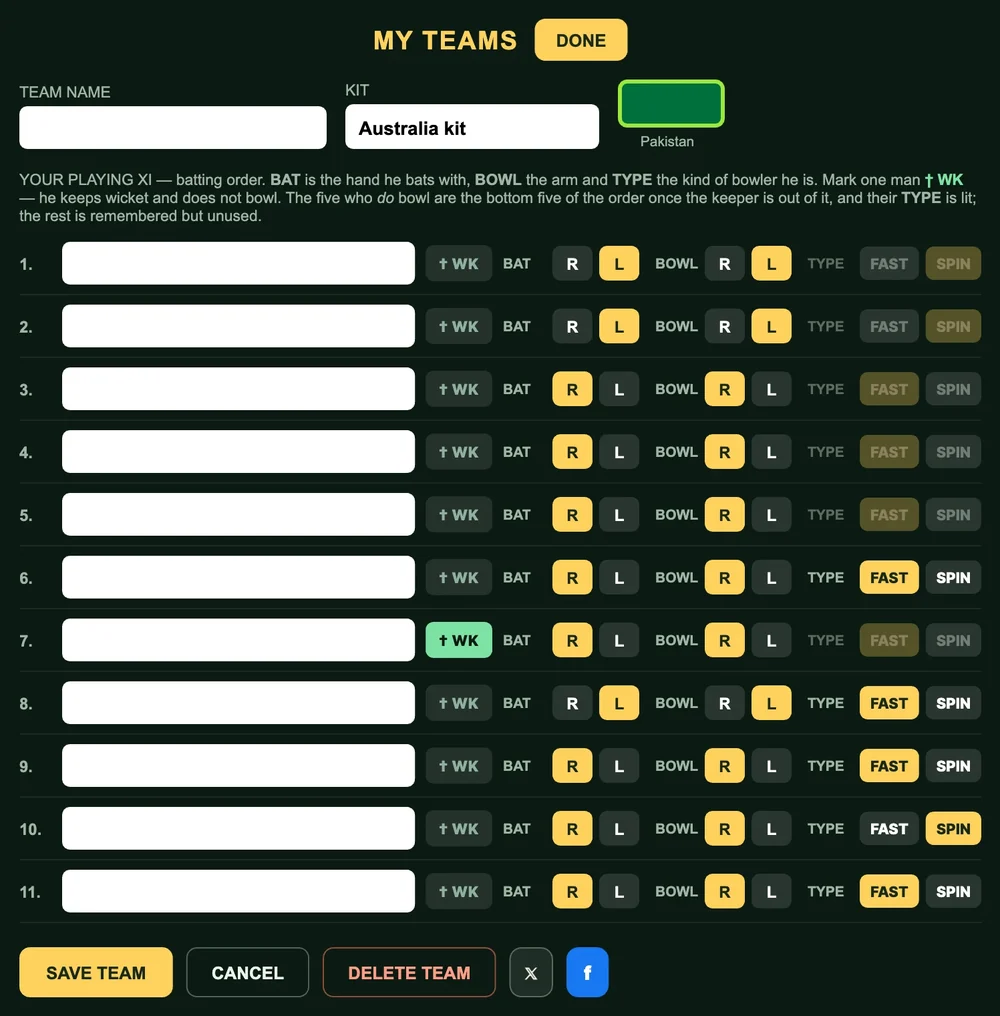 The Howzat Live team editor: a saved side called Hisham XI in the Pakistan kit, eleven named players in batting order with buttons on each row for batting hand, bowling arm, pace or spin, and which man keeps wicket.