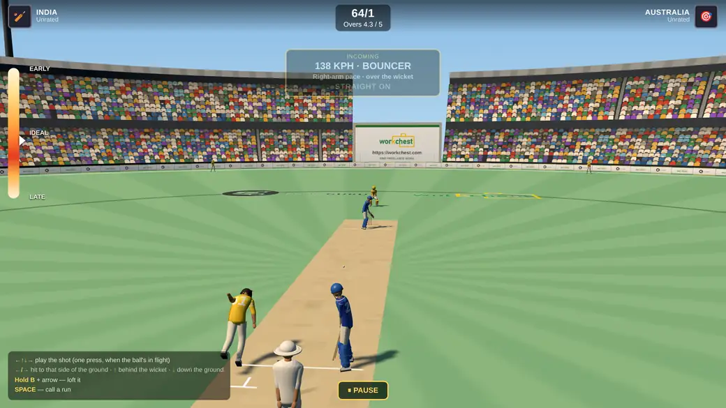 Howzat Live on a laptop: a 3D cricket ground with the full field set, the score
                      and overs across the top, the incoming delivery read-out, the timing dial down
                      the left edge and the keyboard shot legend in the corner.