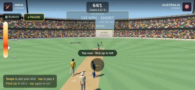 Howzat Live on a phone held sideways: the same 3D ground and scoreboard with
                      touch controls - an aim dial on the batter, a swipe-and-tap prompt, and the
                      pause button beside the on-screen buttons toggle.