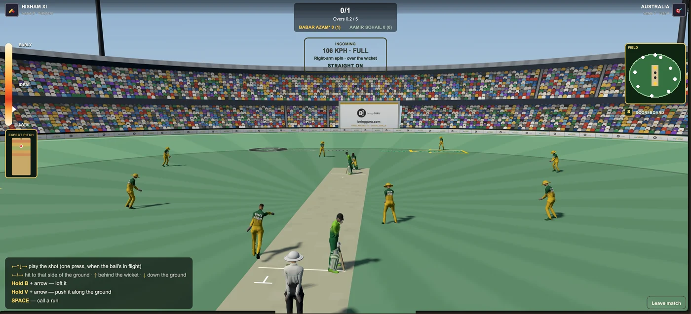 Howzat Live on a laptop: Hisham XI batting against Australia on a 3D ground with the full field set, the score and overs across the top, the incoming-ball card and the keyboard shot legend in the corner.