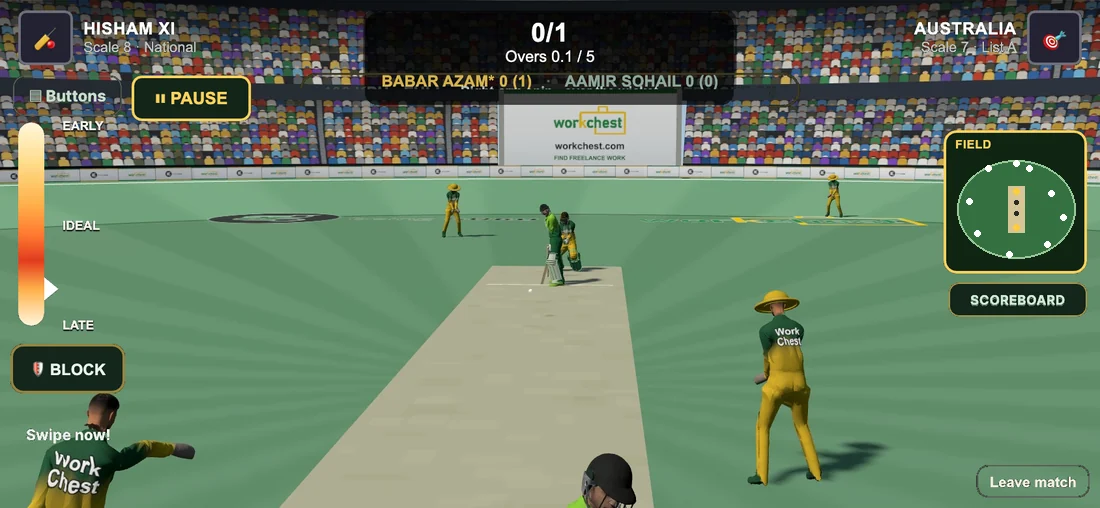 Howzat Live on a phone held sideways: the same 3D ground and scoreboard with the touch controls - swipe to aim the shot, tap to time it, the run button on the right.